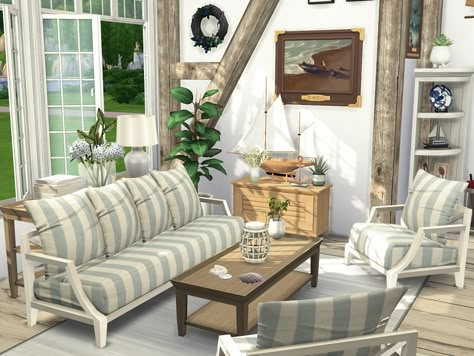 Sims 4 Coastal Living Room, Cottage Living Room Sims 4, Sims 4 Cc Furniture Beach House, Sims 4 Coastal House Cc, Cottage Living Sims 4 Cc, Sims 4 Cc Coastal Furniture, Coastal Cc Sims 4, Coastal Sims 4, Sims 4 Coastal House