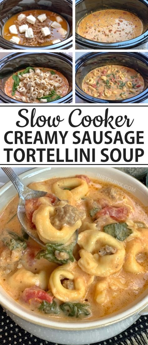 Slow Cooker Tortellini & Sausage Soup (Super Creamy & Delish!) - Instrupix Slow Cooker Tortellini, Slow Cooker Tortellini Soup, Italian Sausage Tortellini Soup, Comfort Soups, Creamy Tortellini Soup, Winter Dinners, Sausage Crockpot, Sausage Tortellini Soup, Slow Cooker Dinner Recipes