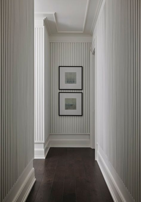 General 3 | Elizabeth Krueger Design Foyer Statement Wall, Modern Wall Paneling Dining Room, Hall Panelling Hallways, Tall Staircase Wall Ideas, Striped Hallway, Yellow Kitchen Cabinets, Colonial Interior Design, Kitchen Cabinet Inspiration, Millwork Details