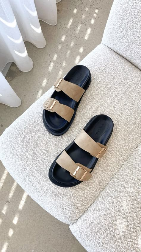 Imrie Slide - Taupe - Buy Women's Shoes - Billy J Sandals For Girl, Sandals Design Ideas, Woman Shoes 2024, Sandles Outfits Women, Shoes For Women 2024, Sandles Outfit, Woman Footwear, Sandals Aesthetic, Shoes For Women Sneakers