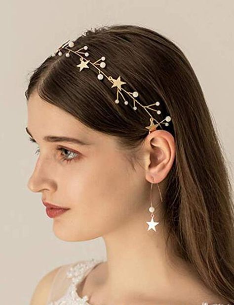 Celestial Hair, Gold Hair Accessories Wedding, Beaded Headpiece, Blue Sapphire Jewelry, Wedding Hair Headband, Gold Chain Earrings, Silver Chain Earrings, Star Headband, Headband Wedding