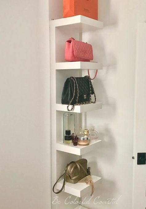 Ikea Lack Shelf Purse, Wall Storage For Purses, Handbag Storage Shelves, Ikea Purse Storage, Small Space Purse Storage, Floating Shelves For Purses, Handbag Stand Ideas, Floating Shelves Purse Display, Floating Shelf Purse Display