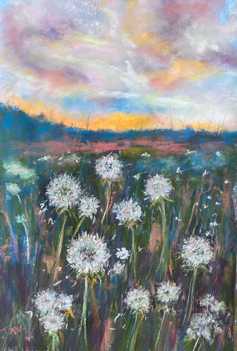 Excited to share this item from my #etsy shop: Dandelion Fields In Meadows Original Pastel Painting 13 x 21 Summer Soft Pastel Wildflowers with Sunrise over Mountains Free Shipping Sunrise Over Mountains, Pastel Wildflowers, Dandelion Painting, Field Paint, Dandelion Art, Pastel Wall Art, Flowers Birthday, Pastel Artwork, Pastel Landscape