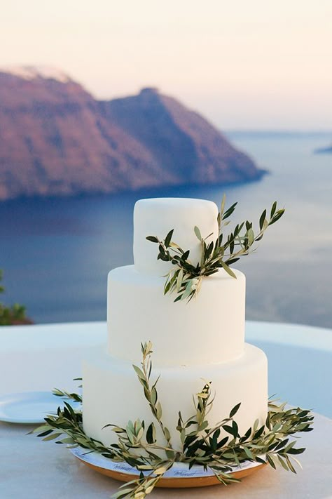 Wedding Cake Olive, Grecian Wedding, Olive Wedding, Beach Wedding Cake, Santorini Wedding, Simple Wedding Cake, White Wedding Cake, Greece Wedding, Greek Wedding