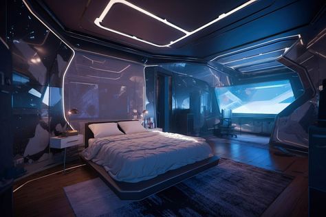 Spaceship Interior Bedrooms, Sci Fi Bedroom, Futuristic Bedroom Ideas, Cyberpunk Bedroom, Cyberpunk Room, Futuristic Bedroom, 2024 Bedroom, Aerospace Design, Bedroom Ideas For Small Rooms