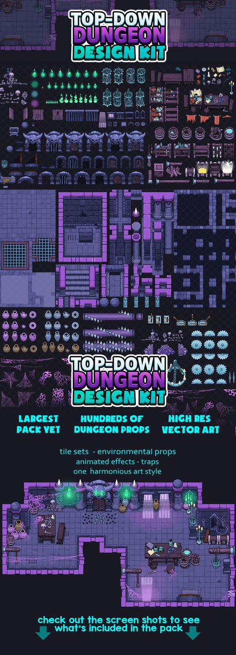 Dungeon Environment, 64bit Pixel Art, Top Down Dungeon, Pixel Dungeon, Pixel Art Color Palette, Pixel Art Dungeon, Top Down Game, Cyberpunk Games, Game Level Design