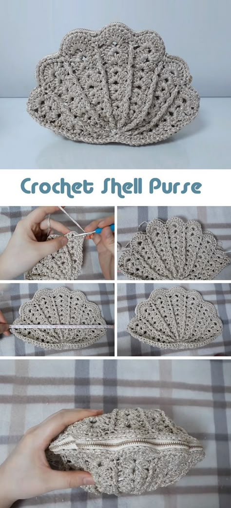 Crochet Shell Purse Crochet Mermaid Purse, Crochet Cute Purse, Crochet Embroidery Floss, Crochet Seashell, Shell Crochet, Crochet Hand Bags, Shell Purse, Crochet Shell, Shell Bag