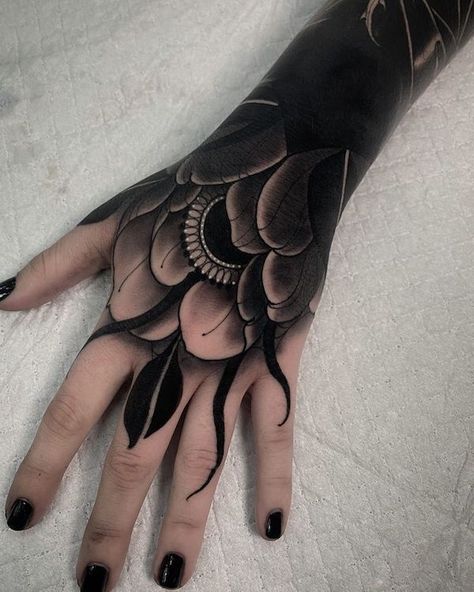 Hand Tattoo Cover Up, Full Hand Tattoo, Mandala Hand Tattoos, Black Tattoo Cover Up, Hand And Finger Tattoos, Blackout Tattoo, Cover Up Tattoos, Dope Tattoos, Blackwork Tattoo