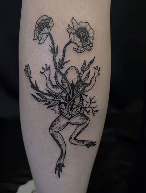 Frog Anatomy Tattoo, Flowers Growing Out Of Skeleton Tattoo, Frog In Flower, Frog Dissection Tattoo, Decompose Tattoo, Decomposing Animal Tattoo, Bones With Flowers Tattoo, Creepy Garden Tattoo, Decomposing Tattoo