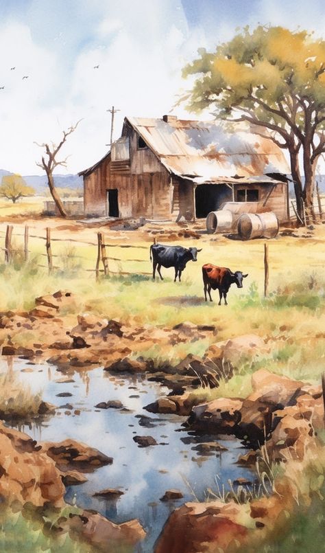 Laminated card with rounded corners. Size: 2.5” x 4.25” Farm living. PL54 Easy Farm Paintings, Ranch Paintings, Farm Scene Painting, Cottage Watercolor, Farm Animal Paintings, Watercolor Barns, Windmill Art, Highland Cow Painting, Cattle Farm