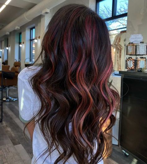 Dark Red With Pink Highlights, Popular Hair Colors For 2023 Dark, Dark Brown Hair With Fun Colors, Dark Pink Highlights In Black Hair, Dark Pink And Black Hair, Black Red Highlights Hair, Baby Pink Hair Highlights, Dark Brown With Pink Highlights, Pink Hair On Black Hair