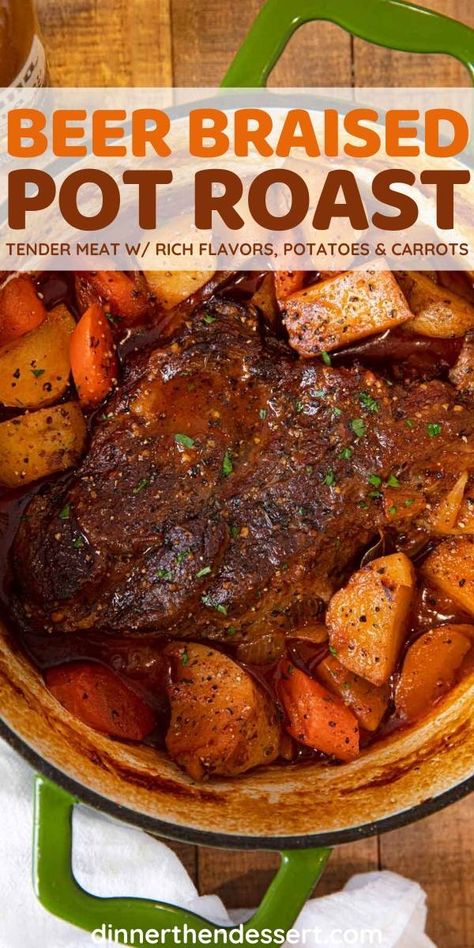 Beer Braised Pot Roast, Beer Braised Beef Roast, One Pot Roast Beef, Pot Roast With Beer, Beer Pot Roast Crockpot, Beer Dinner Recipes, Braised Chuck Roast Recipes, Beer Chuck Roast Recipes, Beer Roast Crockpot