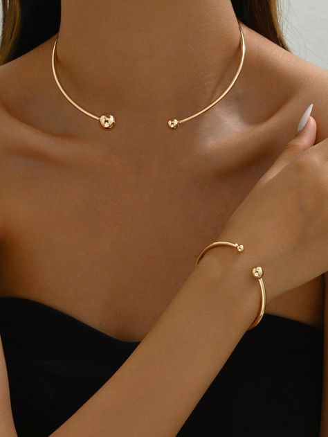 1pc Choker Necklace + 1pc Open Bangle Bracelet Set, Vintage Minimal Daily Wear Accessories, Mother's Day Gift Gold,White Gold         Women Fashion Jewelry, size features are:Bust: ,Length: ,Sleeve Length: Minimal Gold Jewelry, Metallic Fashion, Open Bangle Bracelet, Gold Wedding Jewelry, Bangle Bracelet Set, Metal Fashion, Multi Layer Necklace, Gold Cross Pendant, Open Bangle