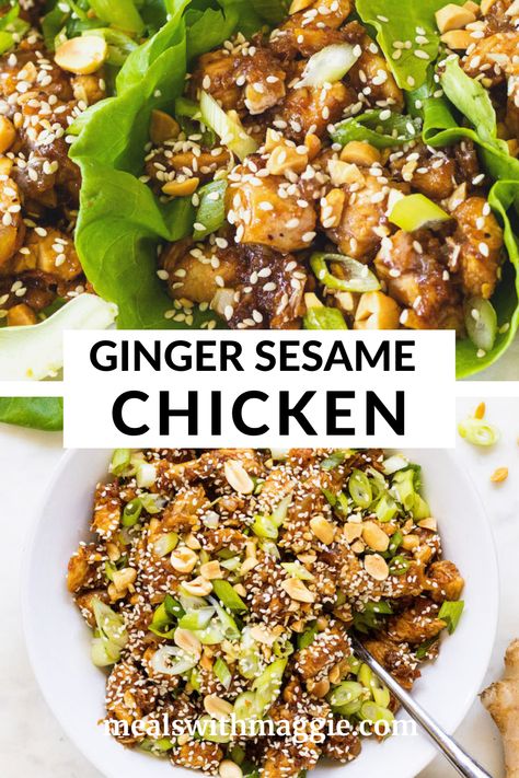 Ginger Chicken Bowl, Sesame Rice Bowl, Meals With Ginger Root, Asian Style Meal Prep, Sesame Ginger Chicken Crumbles, Sesame Ginger Chicken Recipe, Sesame Ginger Chicken, Sesame Chicken Sauce, Cauliflower Rice Bowl