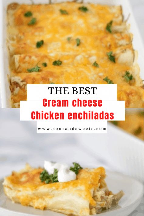 Cream Cheese Chicken Recipes, Chicken Recipes With Cream Cheese, Chicken Cheese Enchiladas, Cream Cheese Enchiladas, Cream Cheese Chicken Enchiladas, Easy Chicken Enchilada Recipe, Enchilada Ingredients, Cheesy Chicken Enchiladas, White Chicken Enchiladas