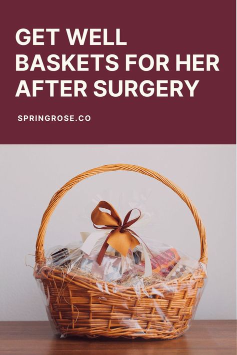 A get well basket for her after surgery with a ribbon-wrapped wicker basket containing various recovery essentials. Surgery Recovery Basket, Get Well Basket, Cheer Up Someone, Surgery Care Package, Get Well Baskets, Woman Health, Thoughtful Gift Ideas, Surgery Recovery, Post Surgery