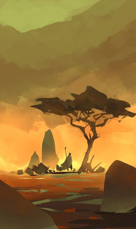 Desert World Concept Art, Sunset Environment Concept Art, Balance Illustration Concept Art, Fire Environment Concept Art, Digital Painting Environment, Tropical Environment Concept Art, Concept Art Scene, Desert Oasis Concept Art, Simple Environment Art