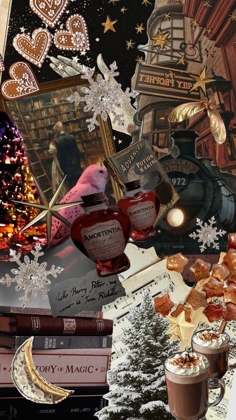 #hogwarts #christmas #wallpaper Christmas Hogwarts Wallpaper, Christmas At Hogwarts Wallpaper, Hogwarts Christmas Wallpaper, Harry Potter Christmas Scene, Hogwarts Wallpaper, Hogwarts Christmas, Marauders Harry Potter, Potter Head, Christmas Collage