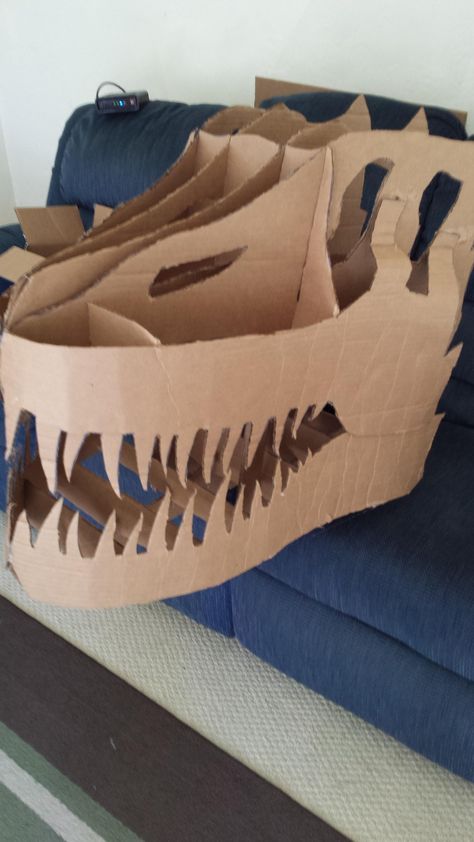 Cardboard T-Rex - Imgur Dinosaur Out Of Cardboard, T Rex Pinata, Build A T Rex Printable, T Rex Cardboard Head, Cardboard Box Dragon Head, Childrens Birthday Party, Kids Fun, T Rex, Trending Memes