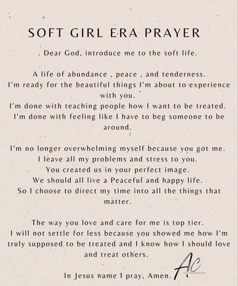 Prayer Girl Aesthetic, Soft Girl Era Prayer, Prayer For Beauty, Prayer For Motivation, Prayers For Women, Soft Era, Prayer Vision Board, Prayers Of Encouragement, Deliverance Prayers