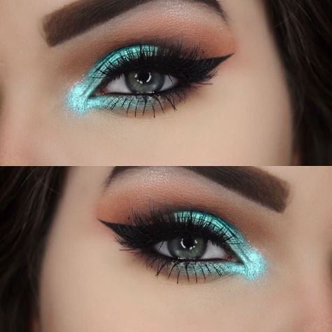 Makeup Turquoise, Turquoise Eye Makeup, Teal Eye Makeup, Trucco Smokey Eye, Makeup Names, Eyeliner Tips, Teal Eyes, Makeup Over 50, Alat Makeup