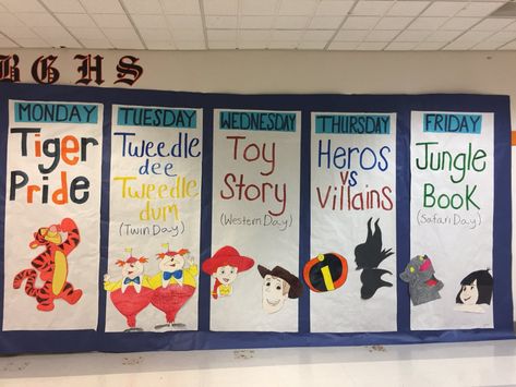 Best Spirit Week Ideas, Disney Theme Spirit Week, Disney Spirt Week Ideas, Beach Themed Spirit Week, Theme Week Ideas High School, Spirit Week Bulletin Board Ideas, Disney Themed Pep Rally, Grade Wars Spirit Week, Disney Spirit Week Ideas