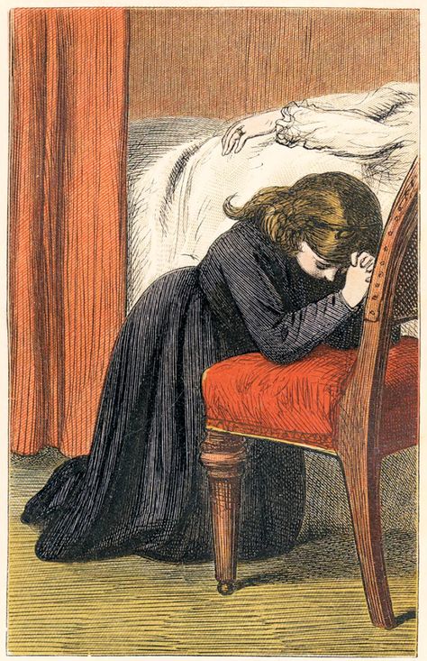 Person In Bed, Dead Person, Kneeling In Prayer, Children Praying, Vintage Illustration Art, Christian Prayers, Landscape Art Painting, Antique Illustration, Painting Of Girl