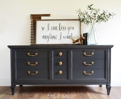 This Dark Grey MCM Dresser with Gold Hardware is the perfect neutral grey for any room in your home. It will be great as a dresser, TV stand, Bathroom Vanity Upcycled Furniture Before And After, Chalk Paint Dresser, Upcycle Dresser, Grey Dresser, Upcycle Furniture, Upcycled Furniture Diy, Furniture Flip, Refinished Furniture, Diy Dresser