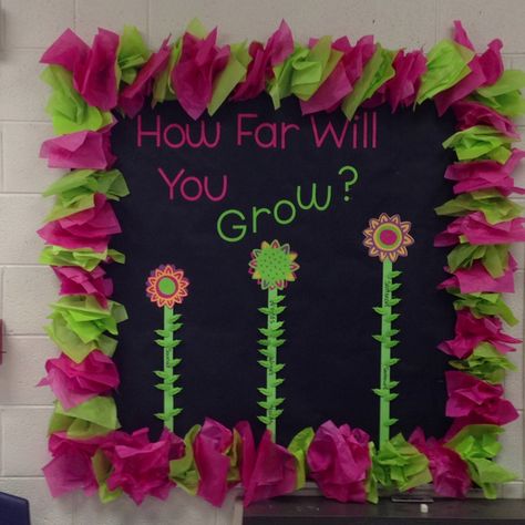 Speech therapy bulletin board to show speech sound progression. Te first flower has "sounds" on the stem, the second has "words" & the last flower has "sentences" written on the stem. I glued leaves with each students name on it to a small clothespin. When students make progress.  I will move their name to the next flower! Board Border Ideas, Bulletin Board Border Ideas, Tissue Paper Borders, Therapy Bulletin Board, Speech Bulletin Boards, Paper Border, Church Bulletin Boards, Border Ideas, Bulletin Board Borders