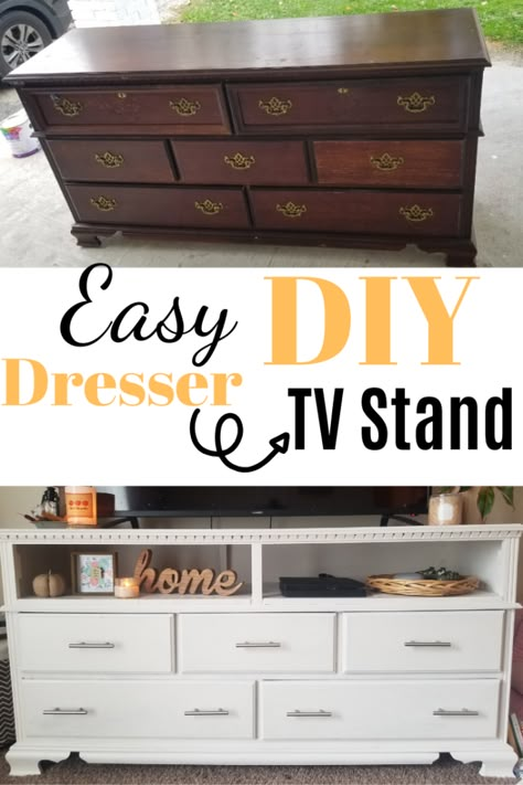 Grab this amazing easy DIY plan to create your own tv stand from an old dresser! Beautiful DIY farmhouse design tv stand [erfect for you home or apartment living room #homedecor #interiordesign #diy #diyhomedecor #diyprojects #farmhousedecor #farmhousestyle Easy Diy Dresser, Diy Furniture Nightstand, Design Tv Stand, Tv Stand Makeover, Cheap Furniture Makeover, Diy Furniture Tv Stand, Easy Furniture Makeover, Dresser Tv Stand, Dresser With Tv