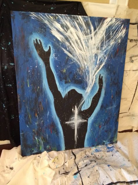 Holy Spirit painting, worship art, worship painting of man praising God with cross on his chest and worship coming out of his mouth in praise.  Prophetic Art. Spiritual Painting Ideas On Canvas, Worship Art Painting, Holy Spirit Painting, Spiritual Painting Ideas, Worship Painting, Paintings Christian, Holy Spirit Art, Christian Canvas Paintings, Spirit Painting