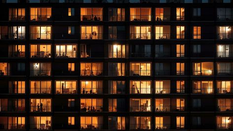 Tall Apartment Building, Apartment Wallpaper, Building At Night, Building Windows, Building Silhouette, Night Window, Building Photography, Facade Lighting, Arte Cyberpunk