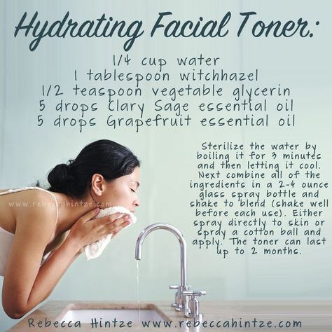 "Hydrating Facial Toner: 1/4 cup water 1 tablespoon witchhazel 1/2 teaspoon vegetable glycerin 5 drops Clary Sage 5 drops Grapefruit  Sterilize the water by boiling it for 3 minutes and then letting it cool. Next combine all of the ingredients in a 2-4 ounce glass spray bottle and shake to blend (shake well before each use). Either spray directly to skin or spray a cotton ball and apply. The toner can last up to 2 months." Vegetable Glycerin Uses, Glycerin Uses, Aromatherapy Diy, Diy Scrubs, Clary Sage Essential Oil, Hydrating Facial, Diy Facial, Homemade Beauty, Glass Spray Bottle