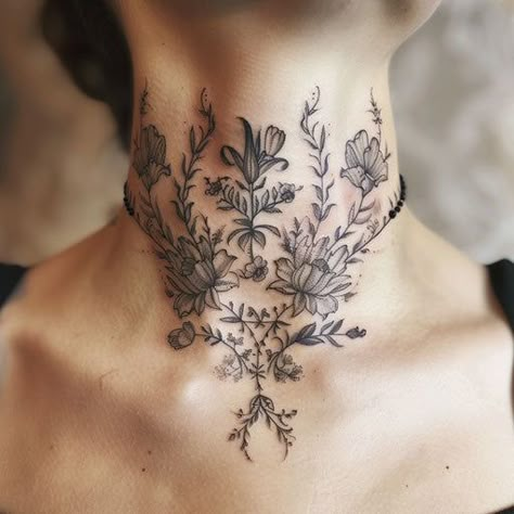 Detailed Neck Tattoo Tattoo Kit Cute But Tattoos, Line Work Neck Tattoo, Women With Neck Tattoos, Shoulder Adornment Tattoo, Fern Neck Tattoo, Under Breast Tattoo Women, Side Of Face Tattoo Women, Womens Collar Bone Tattoos, Neck Tattoo Placement