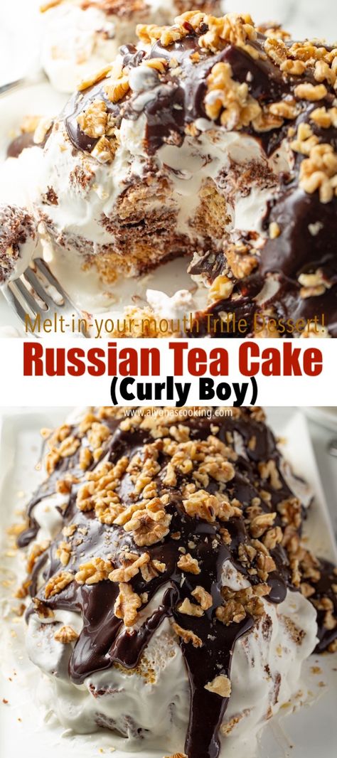 This Russian Tea Cake called Curly Boy is one of the BEST Russian cake recipes to stash in your recipe book for cakes! Moist Sponge Cake layers are cubed and layered in cream to make an anthill-looking cake similar to a volcano cake or trifle dessert, only it’s melt-in-your-mouth good! Get ready to share this Russian Cake Recipe with others because it’s likely to be asked for and is super easy to whip up! Russian Chocolate Cake, Russian Cakes Recipes, Russian Recipes Dessert, Easy Russian Desserts, Russian Cake Recipes, Copycat Cake Recipes, Russian Dessert Recipes, Russian Recipes Traditional, Russian Desert