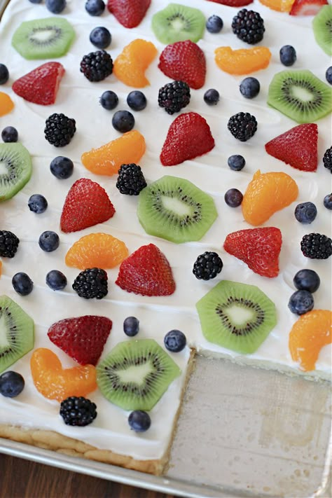 Fruit Pizza Sheet Pan, Sheet Pan Fruit Pizza Sugar Cookie, Sheet Pan Fruit Pizza, Halloween Fruit Pizza, Summer Cooking Ideas, Baked Fruit Desserts, Dessert For A Crowd, Easy Fruit Pizza, Refrigerated Cookie Dough