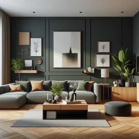 Modern Dark Green Living Room Sitting Room Ideas Green, Dark Green Accent Wall Living Room Tv, Deep Green Color Palette Living Room, Dark Green Entertainment Center, Living Room Mood Board Green, Green Wall Design Living Room, Living Room Main Wall Design, Moody Green Study, Dark Forest Green Accent Wall