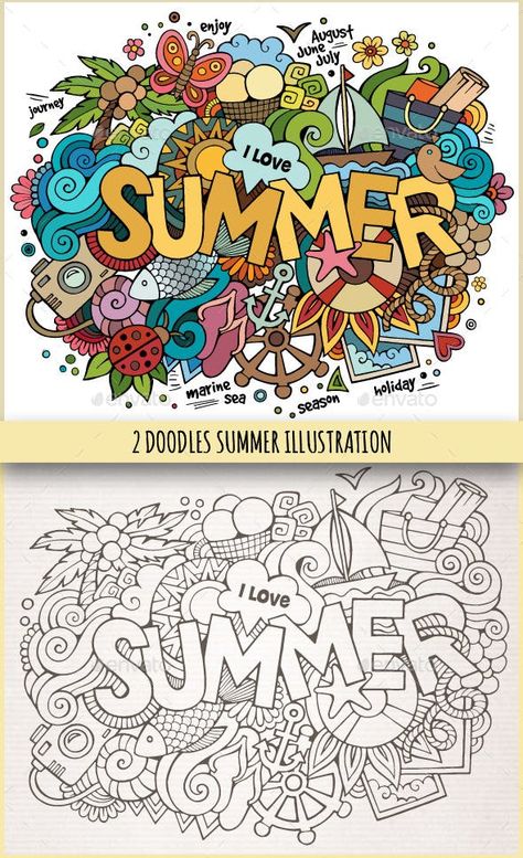 Summer Doodle Art, Colorful Doodles Easy, Summer Illustration Art Drawings, Doodle Art Colourful, Doodle Art Summer, Summer Drawings Doodles, Colourful Doodle Art, Cute Summer Doodles, Coloured Doodles