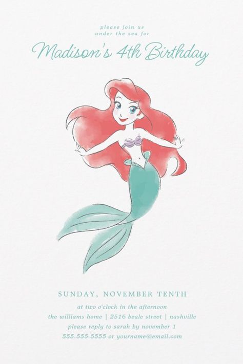 The Little Mermaid | Watercolor Birthday Invitation
Invite all your family and friends to your child's Birthday with these watercolor Ariel invitations. Personalize by adding all your party details! Ariel Invitations, Ariel Birthday Party Ideas, Unique Birthday Themes, Princess Birthday Party Theme, Ariel Watercolor, Disney Princess Theme Birthday Party, Baby Birthday Party Invitations, Little Mermaid Invitations, Mermaid Watercolor