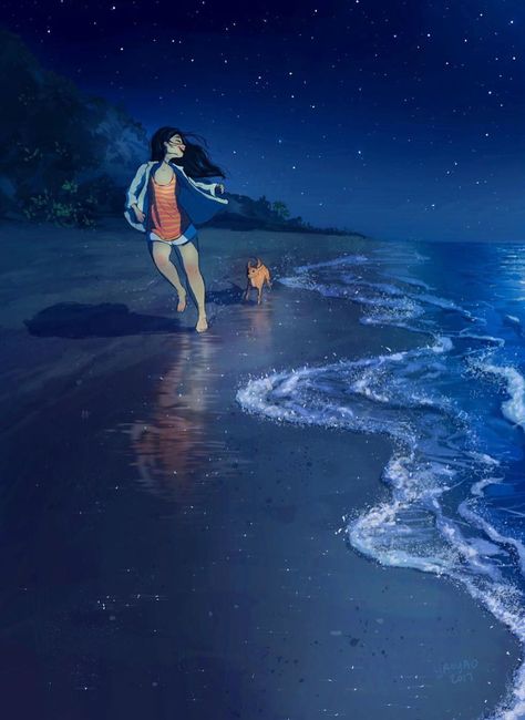 Living-With-Dog-Illustrations-Yaoyaomva Yaoyao Ma Van, Living With Dogs, Ocean Sounds, Dog Illustration, Dreamy Art, Girl And Dog, Girls Cartoon Art, Girly Art, Anime Scenery