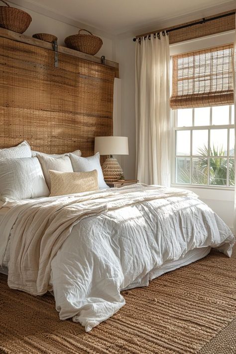 29 Boho Coastal Bedroom Ideas for a Breezy, Beachy Haven 26 Ocean Inspired Bedroom, Coastal Boho Bedroom, Boho Coastal Bedroom, Coastal Bedroom Ideas, Boho Beach House, Seagrass Baskets, Beach House Bedroom, Beach Room, Boho Chic Bedroom