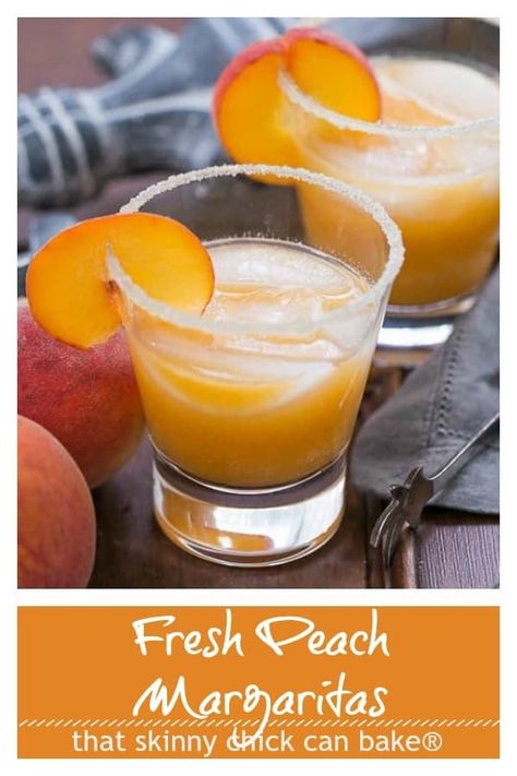 Fresh Peach Margaritas - Using peak of the season peaches, these margaritas are out of this world! #peaches #cocktail #margaritas #CincodeMayo #TexMex #summercocktail #thatskinnychickcanbake Peach Margarita Recipe, Peach Margarita Recipes, Peach Margaritas, Peach Margarita, Peach Puree, Gimme Some Oven, Guy Fieri, Margarita Recipe, Margarita Recipes