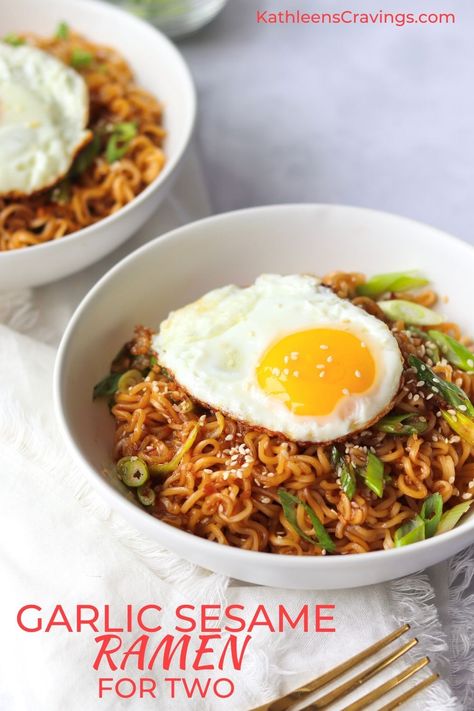 Garlic Sesame Ramen for Two upgrades ramen noodles with a simple sesame garlic sauce. Toss out that seasoning packet and grab some pantry staples to make this easy two serving recipe. Serve as is, top with an egg, or add some protein on the side. 2 Serving Dinner Recipes, Raman Noodles With Egg, Ramen Noodle Egg Recipes, Ramen Noodle Recipes Easy College Students, Easy Simple Noodle Recipes, Ramen Noodle And Egg Recipes, Savory Ramen Recipes, Ramen Noodle Recipes Simple, Simple Instant Ramen Recipes