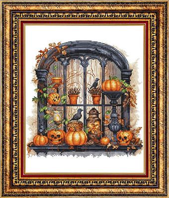 Halloween Window - Cross Stitch Pattern Abc Stitch, Good Hobbies, Halloween Cross Stitch Charts, Little House Needleworks, Pumpkin Cross Stitch, Fall Cross Stitch, Cross Stitch Halloween, Halloween Cross Stitch Patterns, Mill Hill Beads