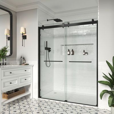 This semi-frameless double sliding shower door pushes and pulls smoothly, bringing comfortable and unbreakable safety experience. The combination of double-sided easy-clean glass and elegant hardware accessories make your shower room more elegant and decorative. With our professional installation video can be adjusted, easy and quick installation. Access to the shower on both sides, both glass can slide. With 2 convenient towel bars as handles for each door. Frame Finish: Matte Black | MCOCOD 60 Semi Frameless Shower Doors, Tub Doors, Pushes And Pulls, Sliding Shower Door, Towel Bars, Frameless Shower, Shower Door, Shower Room, Door Frame