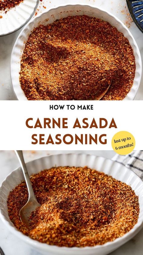 collage of carne asada seasoning with text overlay Asada Seasoning Recipe, Homemade Carne Asada, Carne Asada Seasoning, Nachos Fries, Authentic Carne Asada, Carne Asada Recipes, Homemade Dry Mixes, Mexican Seasoning, Dry Rub Recipes