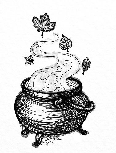 Pot And Kettle Tattoo, Witch Coven Illustration, Small Cauldron Tattoo, Couldren Tattoo Design, Cauldron Drawing Simple, Cauldron Tattoo Ideas, Couldren Drawings, Cauldron Tattoos, Witch Cauldron Tattoo