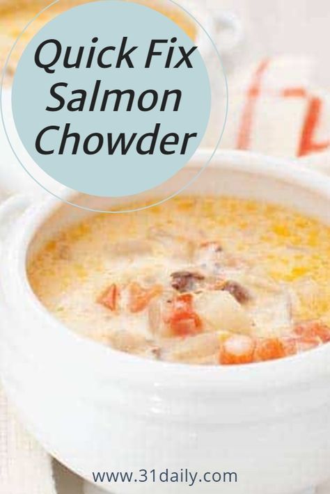 A quick-fix, pantry-staple, easy chowder recipe in minutes. Salmon Chowder is warm and comforting, perfect any time of the year. The dill is a savory complement to the traditional chowder elements. Salmon Chowder Recipe Easy, Recipes For Cold Days, Salmon Chowder Recipe, Smoked Salmon Chowder, Crab Soup Recipes, Salmon Soup, Canned Salmon Recipes, Salmon Chowder, Canned Salmon