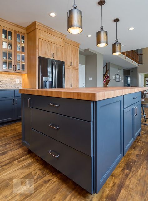 Beautiful Blues Yardley Natural Wood Kitchen Cabinets With Blue Island, Blue Kitchen Cabinets Black Sink, Blue Tile Backsplash Kitchen Wood Cabinets, Blue And Brown Kitchen Cabinets, Island Cabinets, Hickory Kitchen, Blue Kitchen Island, Two Tone Kitchen Cabinets, Natural Wood Kitchen