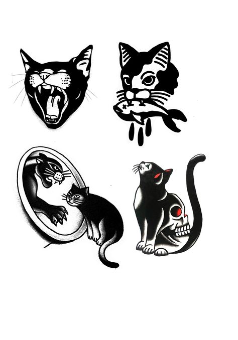 American Trad Cat Tattoo, Cat Teeth Tattoo, Traditional Cat Tattoos, Trad Cat Tattoo, Black Cat Tattoo Traditional, Old School Cat Tattoo, Cat American Traditional Tattoo, Two Headed Cat Tattoo, Traditional Black Cat Tattoo